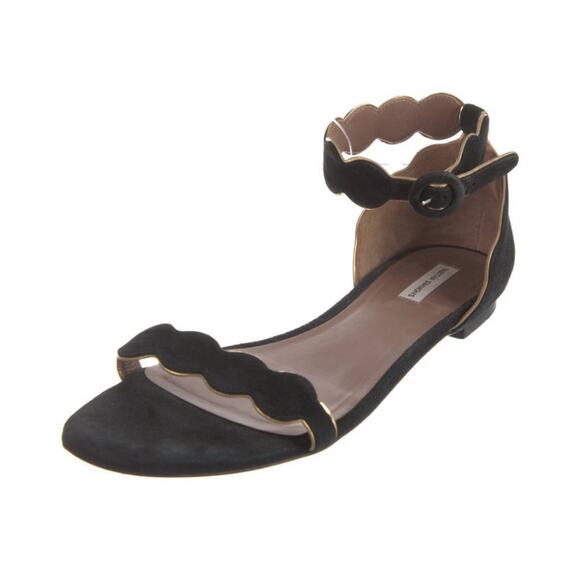 Tabitha Simmons Black Suede Scalloped Design Ankle Buckle Flat Sandal Size 10.5 - Picture 1 of 5
